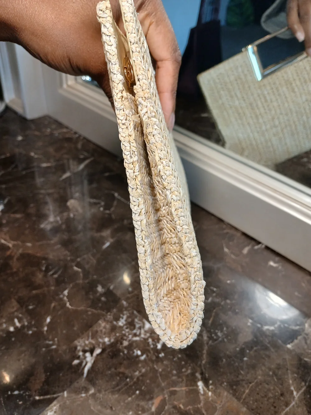 Straw Rectangle Top-Handle Clutch Bag With Gold Accents